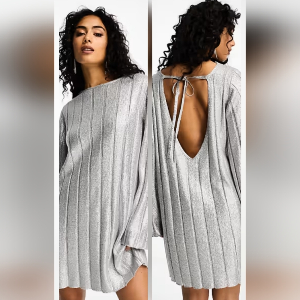 4th & Reckless 1x metallic tie back mini sweater dress in silver